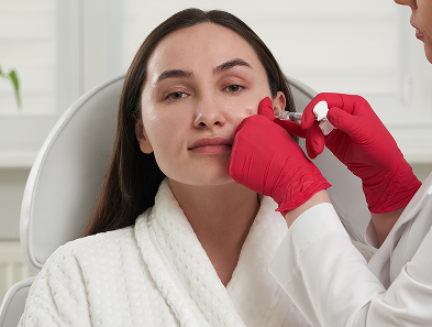 Aesthetic treatment being performed on a woman's cheek